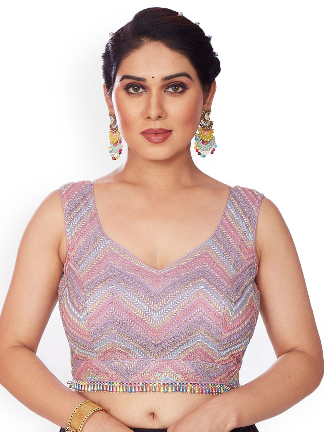

Mmore Embroidered Round Neck Saree Blouse, Purple