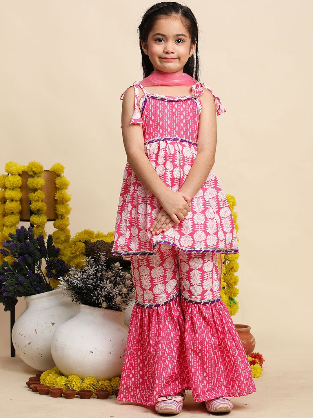 

Cutiekins Girls Floral Printed Shoulder Straps Cotton A-Line Kurta with Sharara & Dupatta, Pink