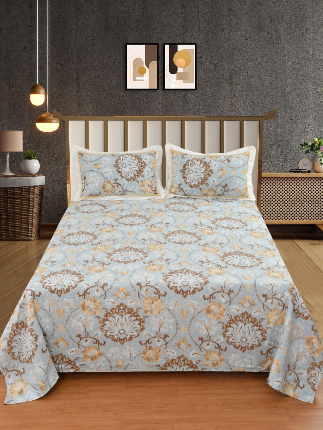 

BELVOSTUM Blue & Mustard Floral 250 TC King Bedsheet with 2 Pillow Covers
