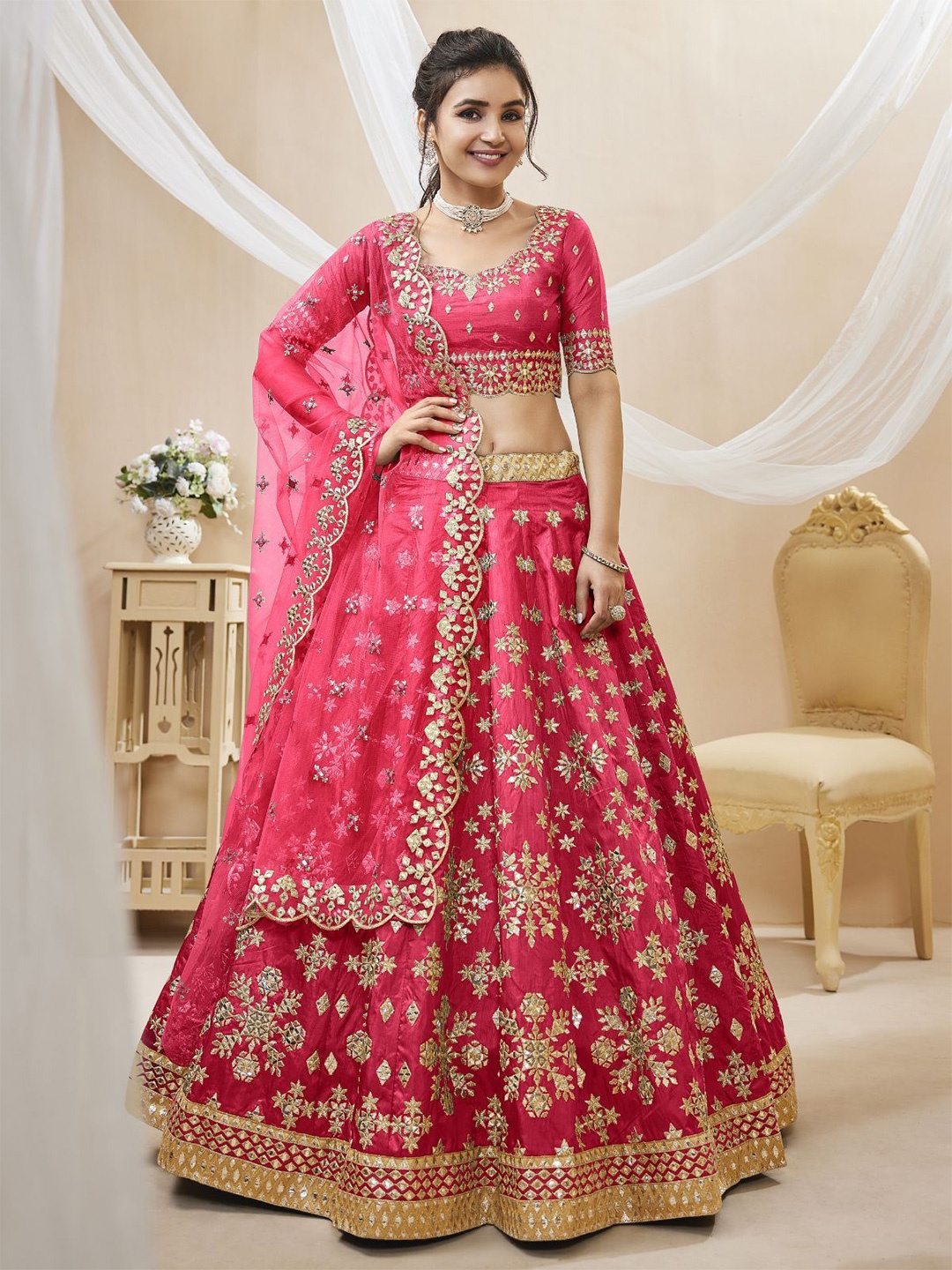 

ODETTE Embroidered Semi-Stitched Lehenga & Unstitched Blouse With Dupatta, Pink