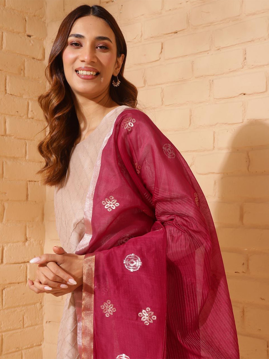 

Fabindia Ethnic Motifs Woven Design Cotton Silk Dupatta, Magenta