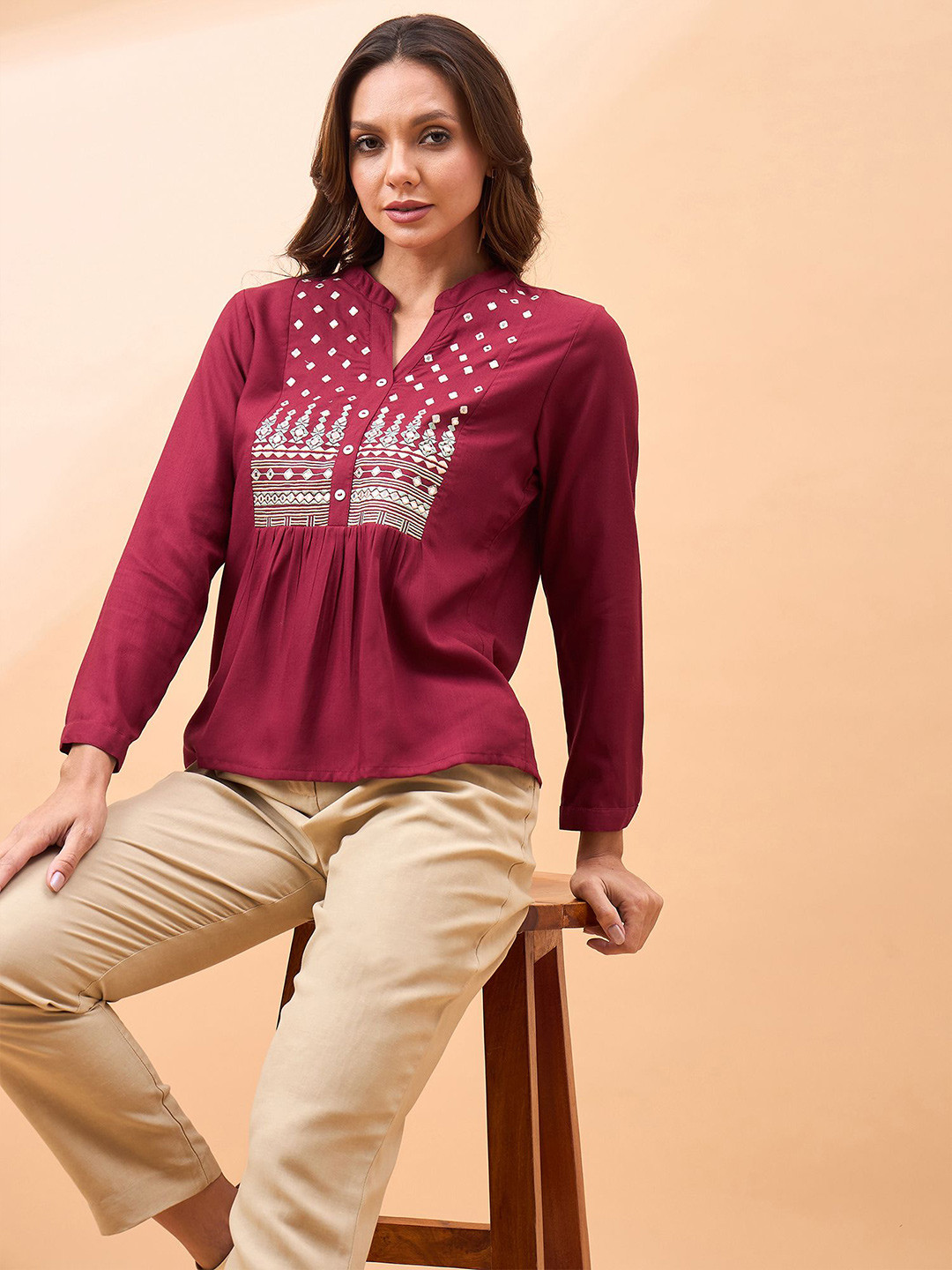 

all about you Women Floral Printed Mandarin Collar Top, Maroon