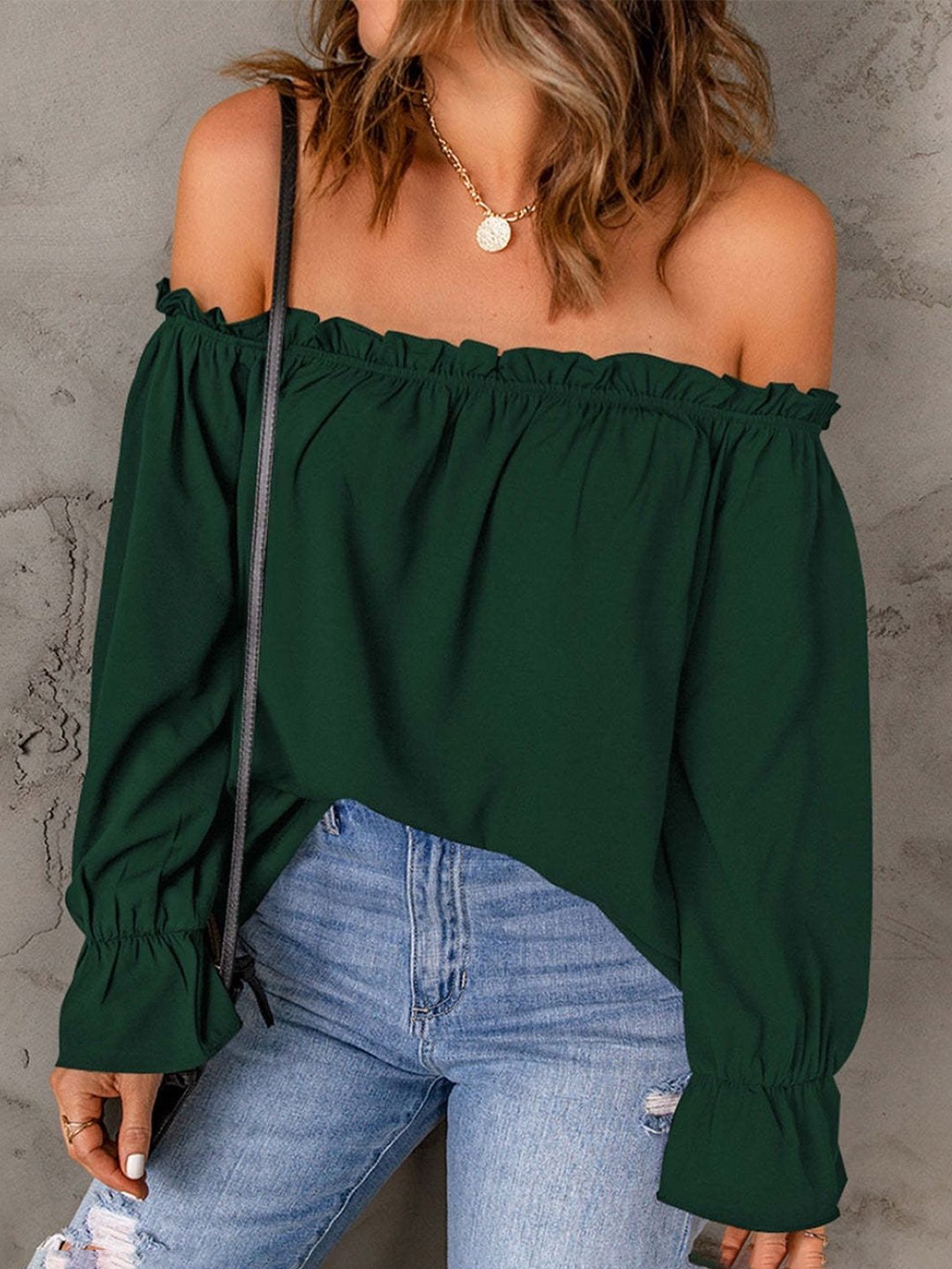 

KPOP Women Solid Off-Shoulder Top, Green
