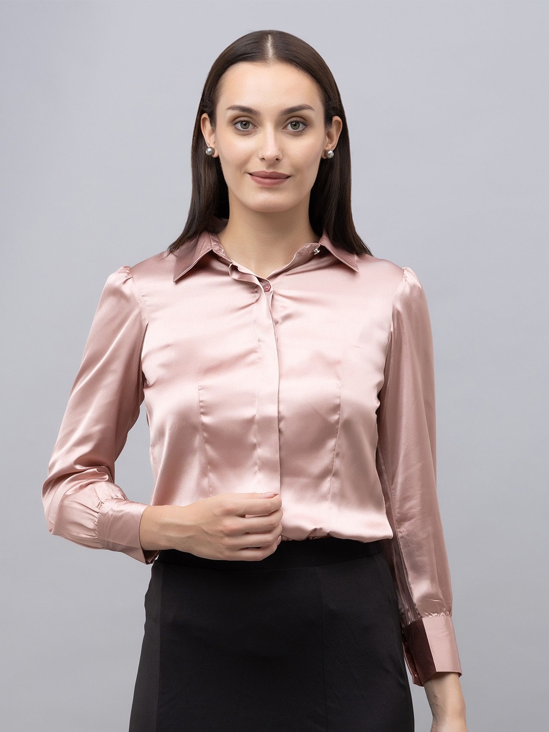 

PURYS WORKSPACE Women Classic Spread Collar Solid Formal Shirt, Pink