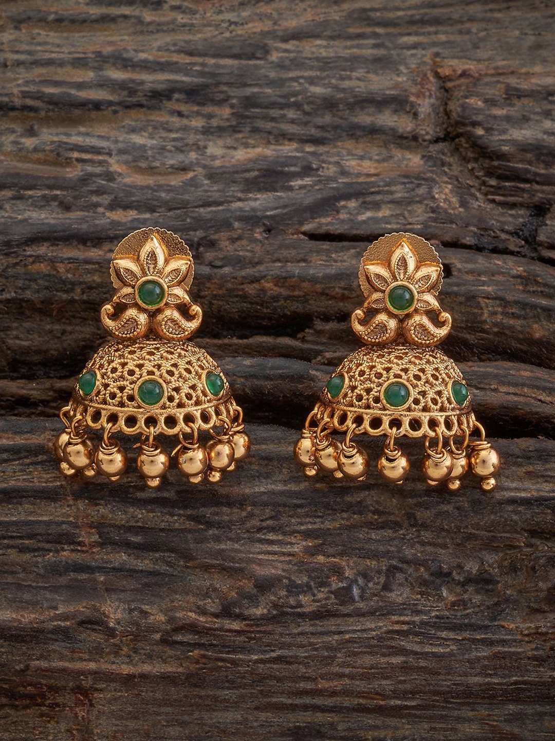 

Kushal's Fashion Jewellery Gold-Plated Stones Studded Antique Dome Shaped Jhumkas, Green