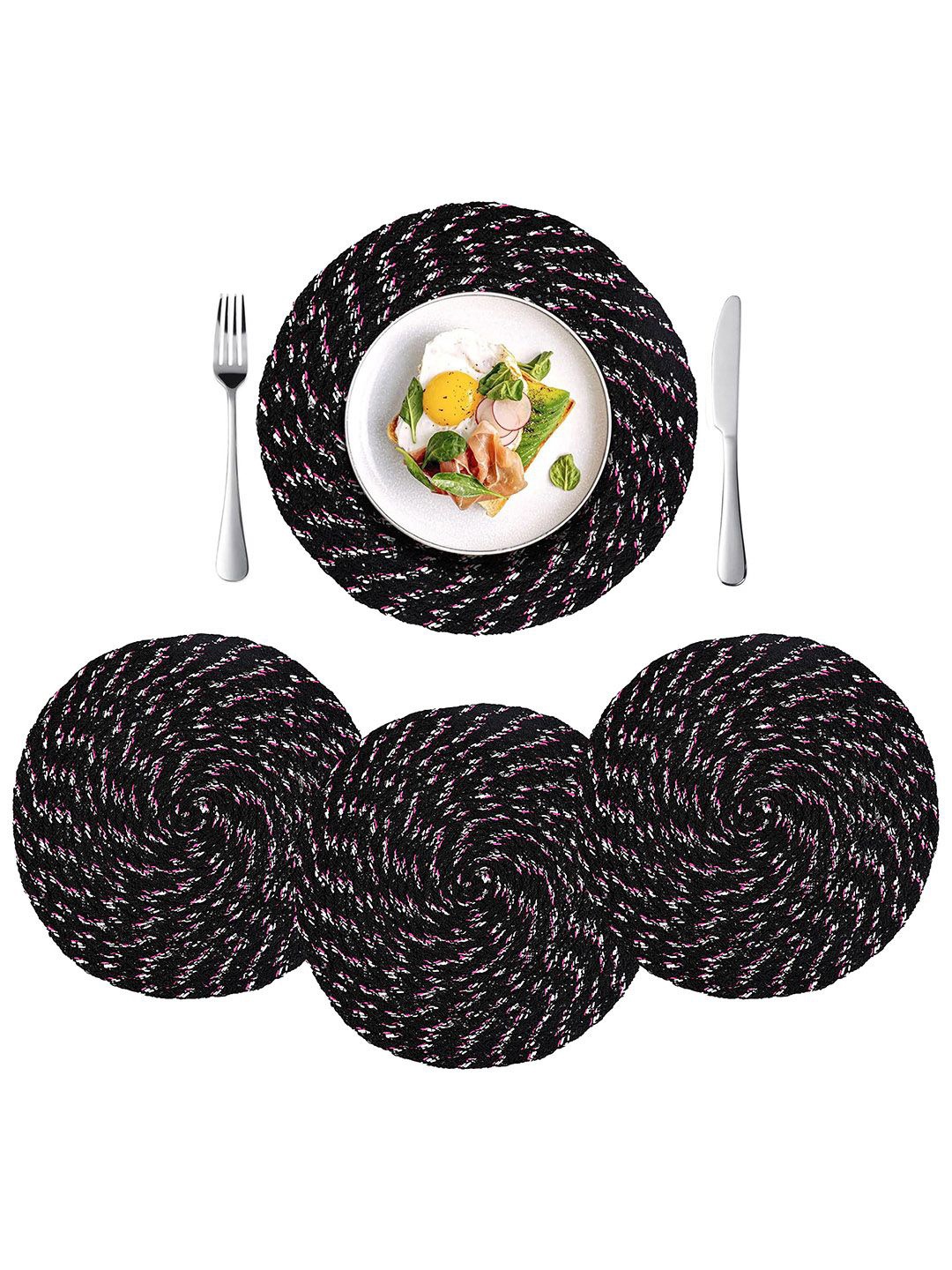 

Kuber Industries Black & Pink 4 Pieces printed Cotton Round Shape Table Placemats