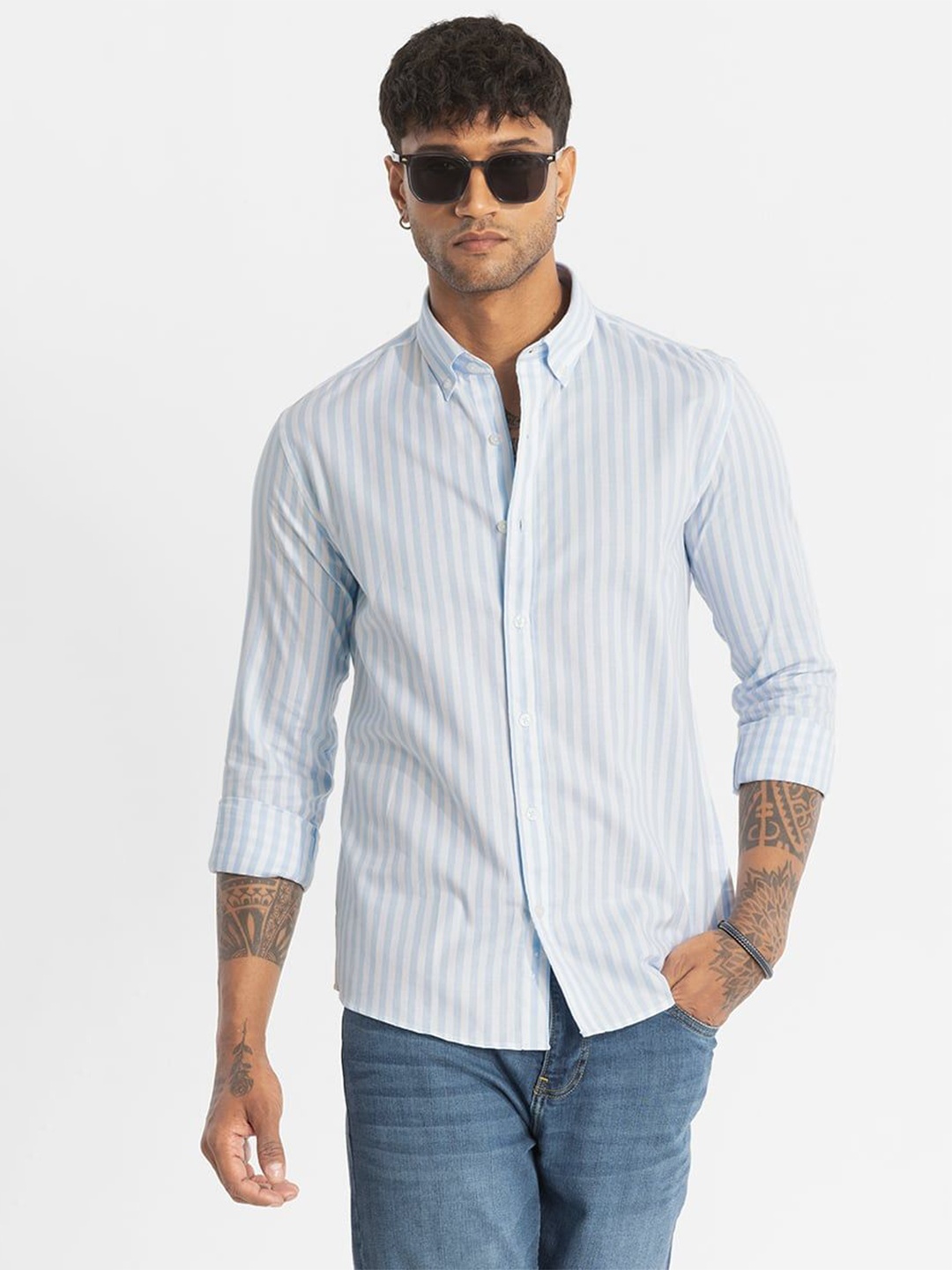 

Snitch Men Smart Slim Fit Opaque Striped Casual Shirt, Blue