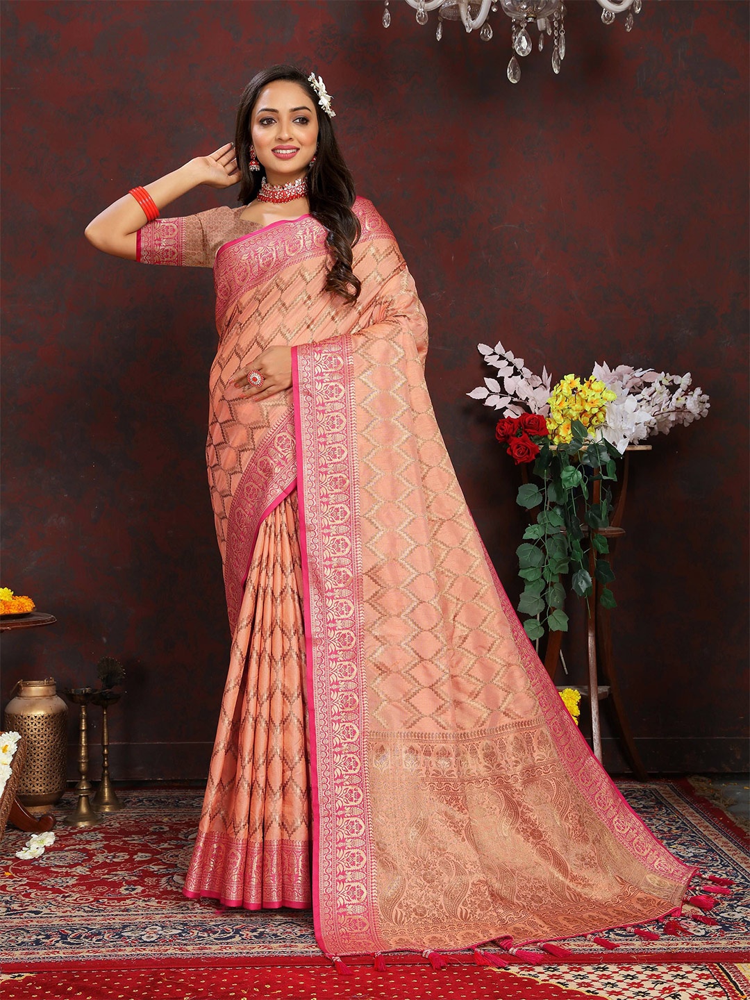 

Zeekha Woven Design Zari Pure Silk Kanjeevaram Saree, Peach