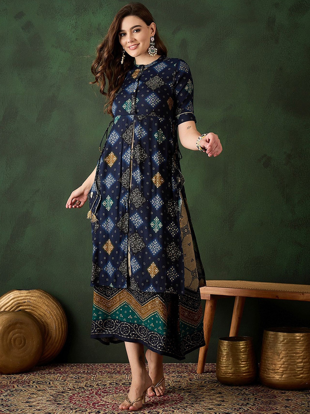 

Sangria Printed Double Layered Maxi Ethnic Dresses, Navy blue