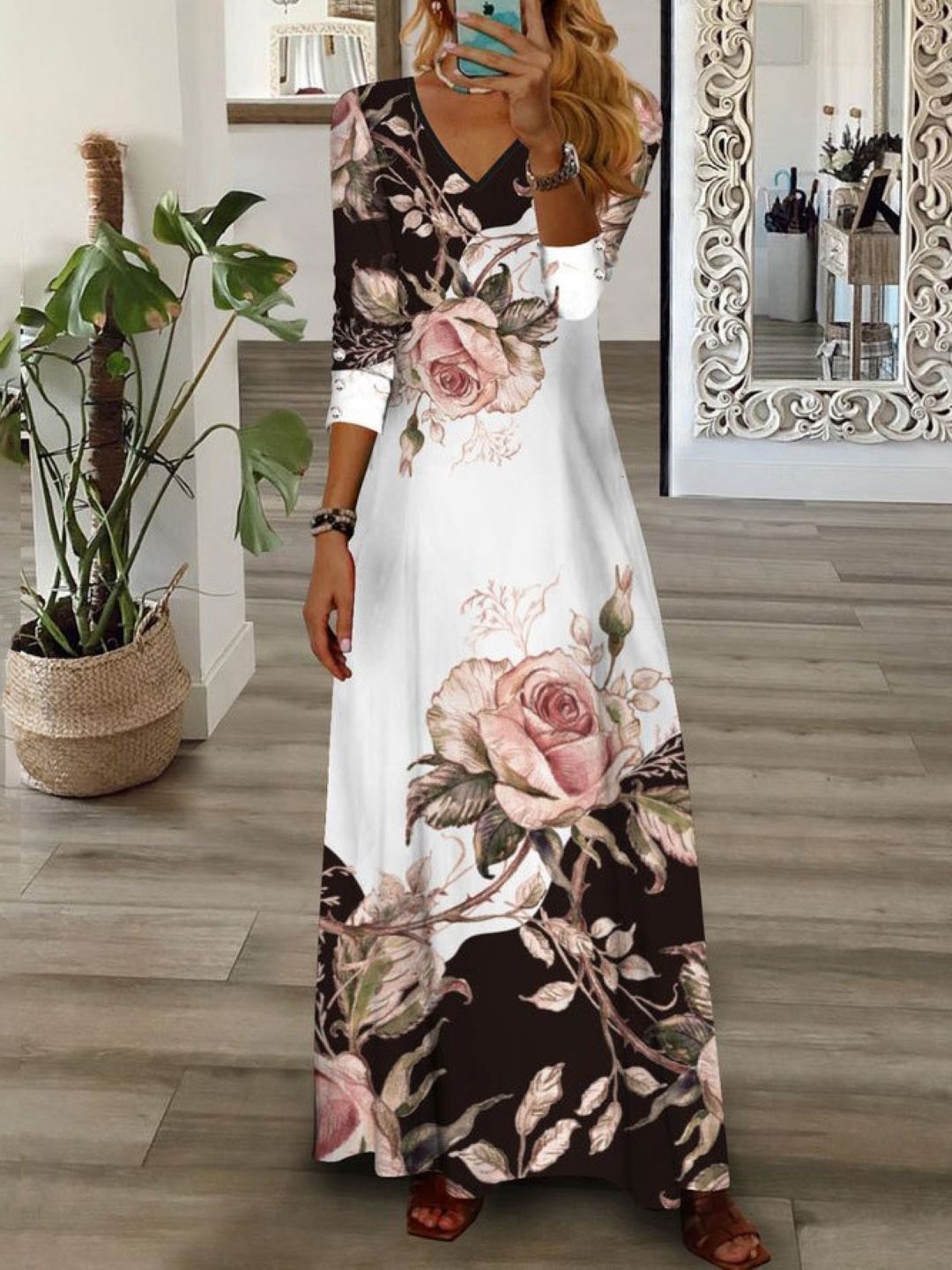 

KPOP Women Floral Print A-Line Maxi Dress, Pink