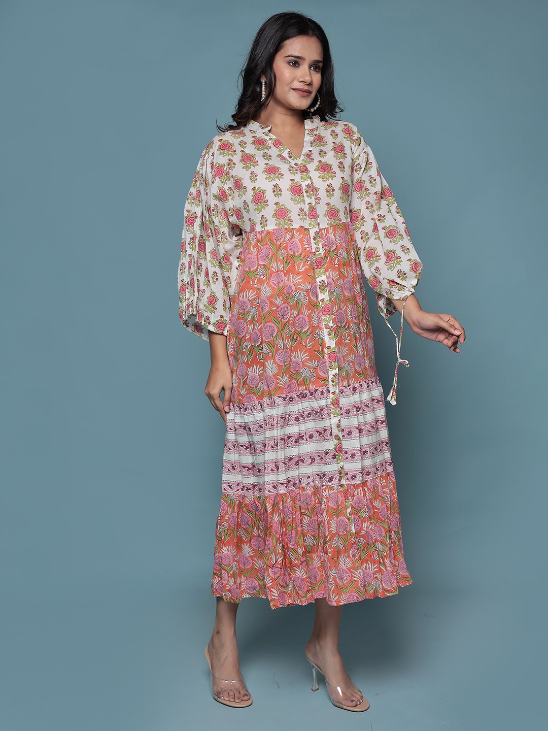 

Bohekant Women Floral Print Flared Sleeve Fit & Flare Midi Dress, Beige