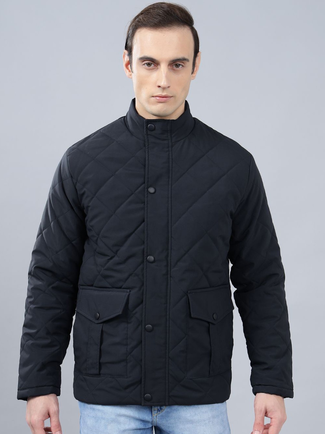 

Cantabil Men Stand Collar Padded Jacket, Navy blue