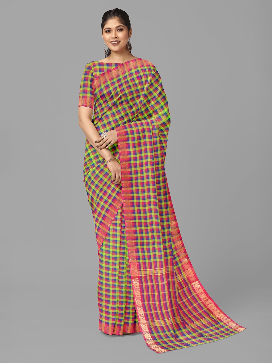 

The Chennai Silks Checked Zari Pure Cotton Chettinad Saree, Green