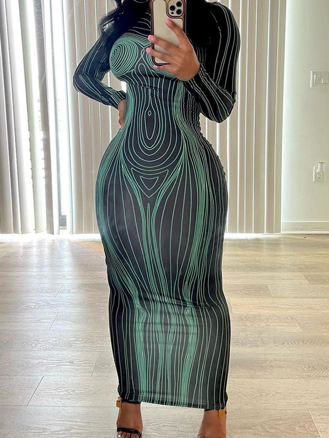 

KPOP Women Abstract Printed Bodycon Maxi Dress, Green