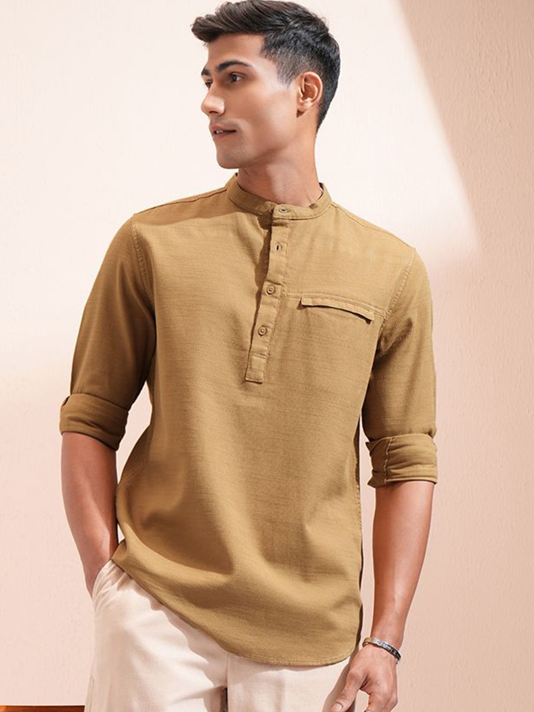

HIGHLANDER Men Dobby Textured Mandarin Collar Casual Shirt, Mustard