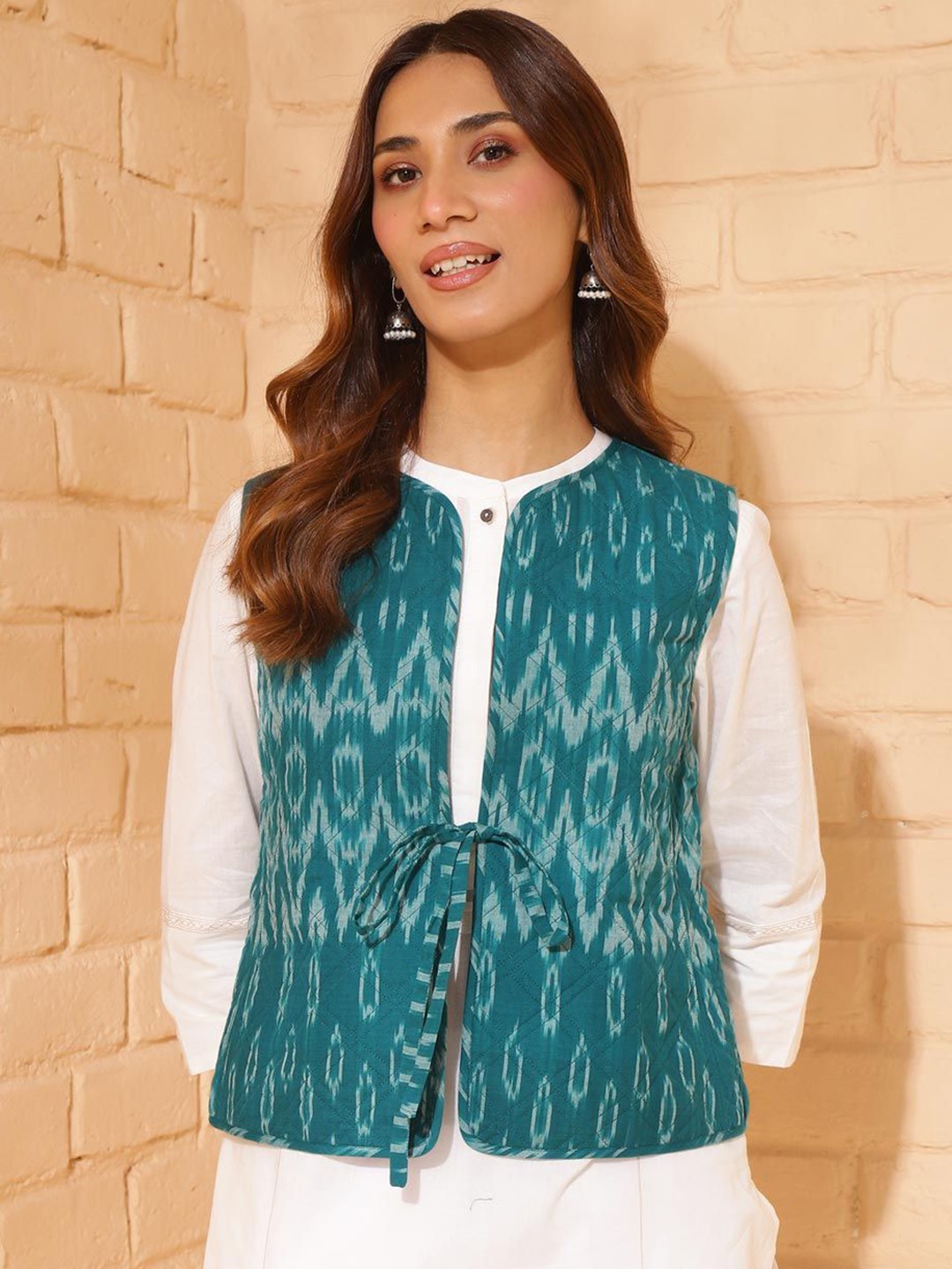 

Fabindia Woven Design Cotton Nehru Jackets, Teal