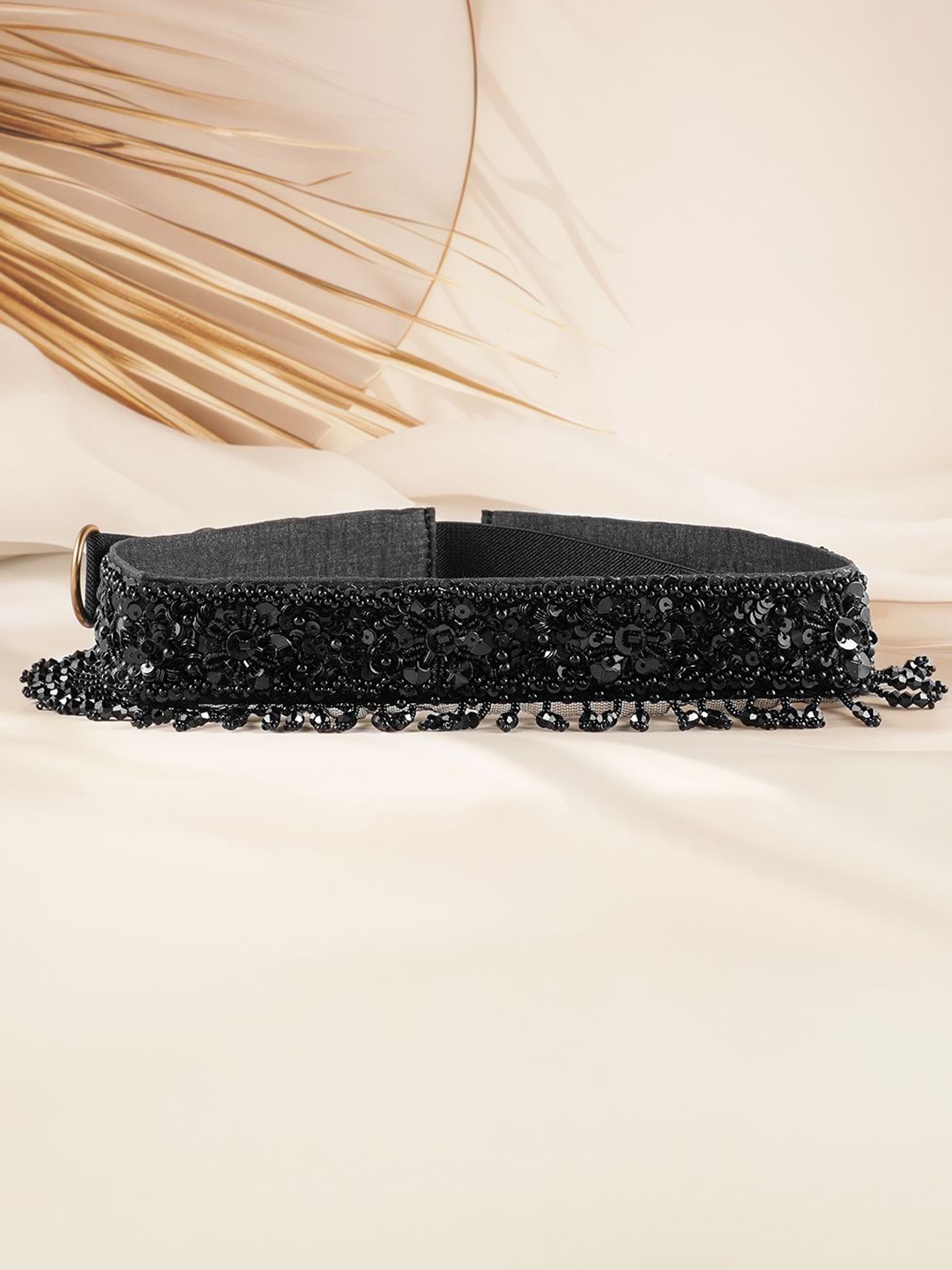 

Rubans Beaded & Crystal Zirconia Studded Adjustable Waist Belt with Fabric Base, Black