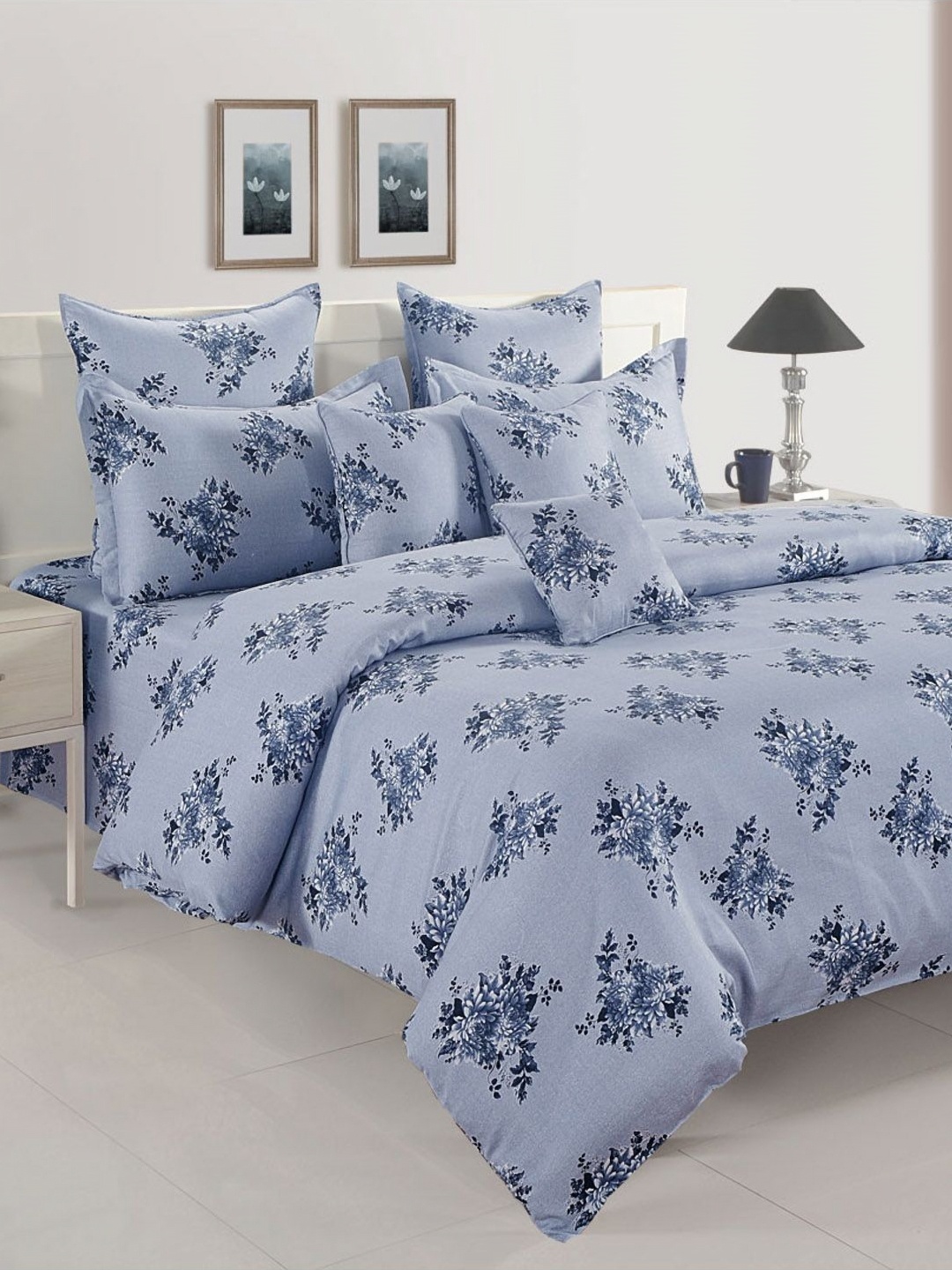 

SWAYAM Blue & Grey Floral 160 TC King Bedsheet with 2 Pillow Covers