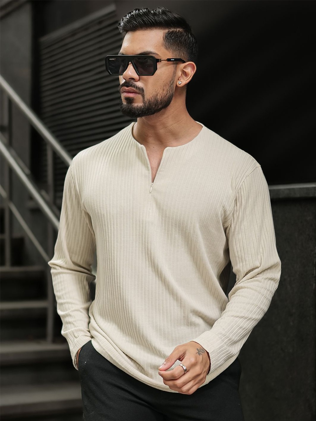 

Powerlook Men Self Design Round Neck Cotton T-shirt, Beige