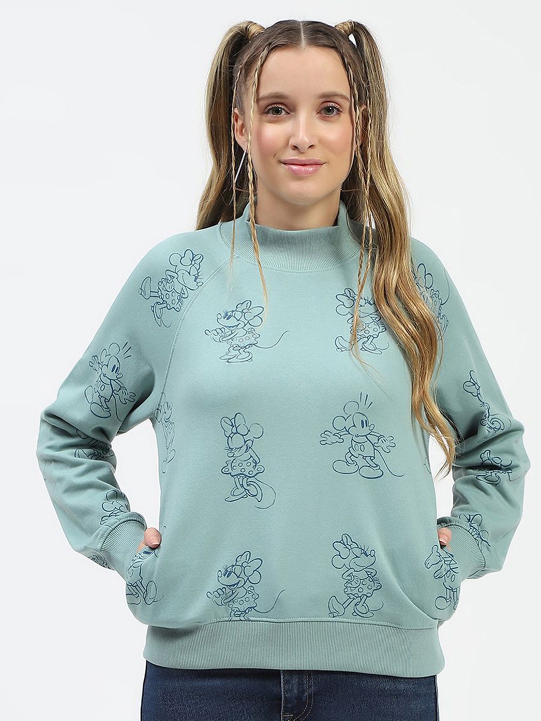

Madame Women Graphic Printed High Collar Cotton Pullover Sweatshirt, Green