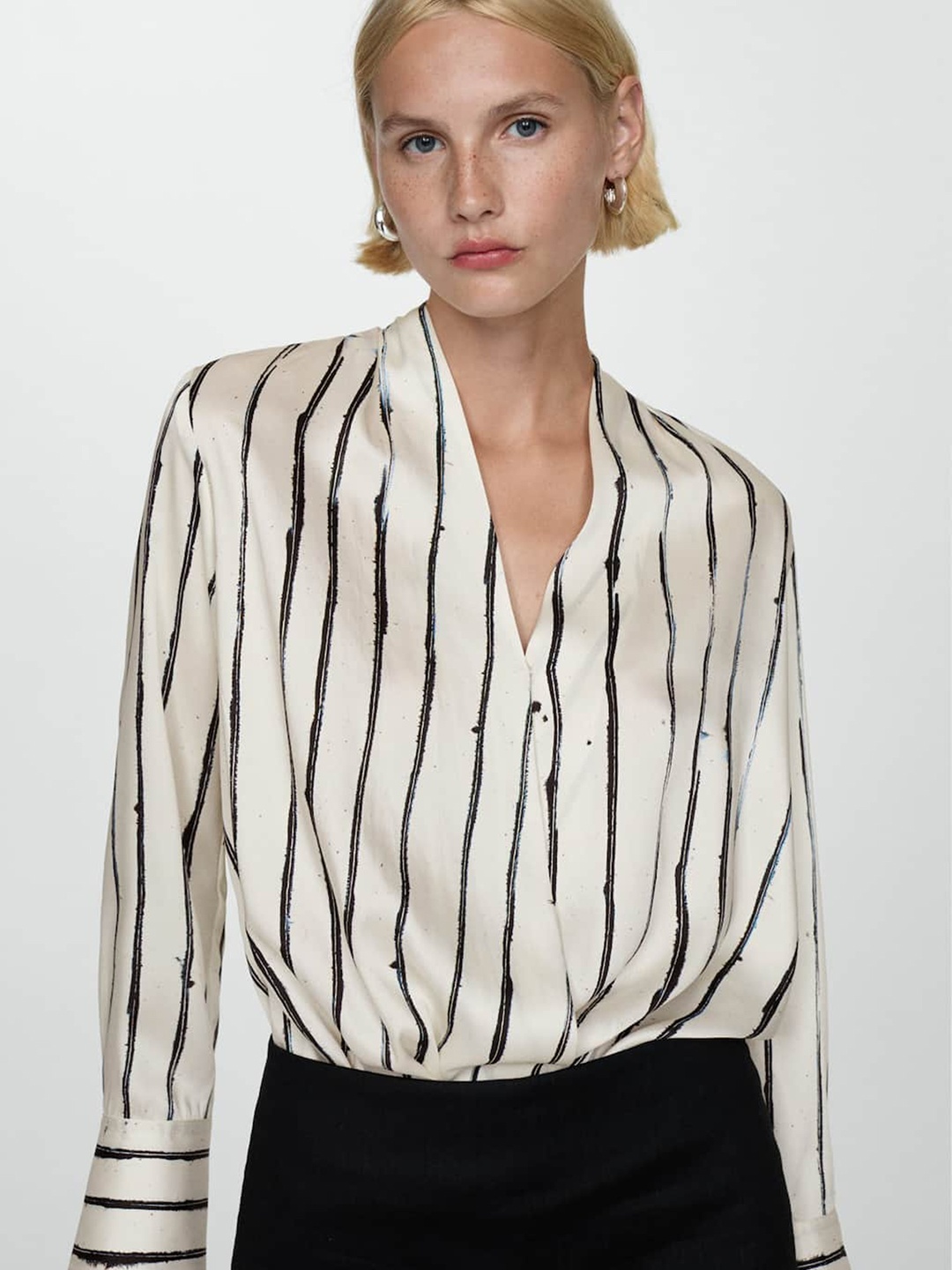 

MANGO Striped Monochrome Satin-Finish Wrap Top, White