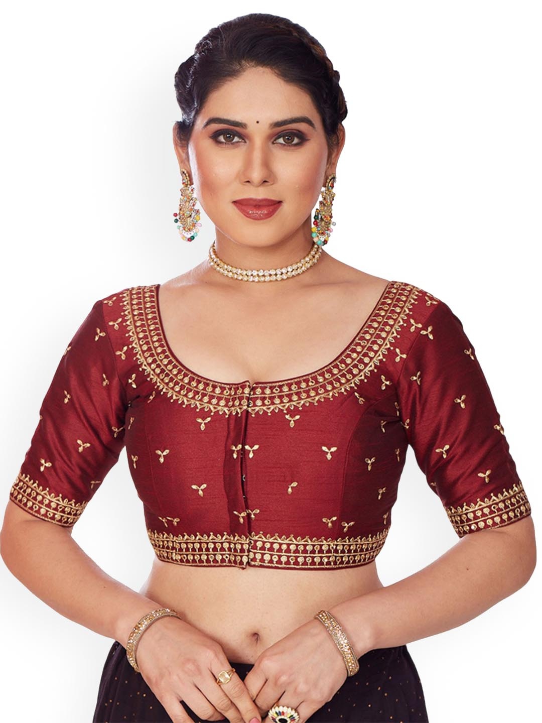 

Mmore Raw Silk Embroidered Padded Saree Blouse, Maroon