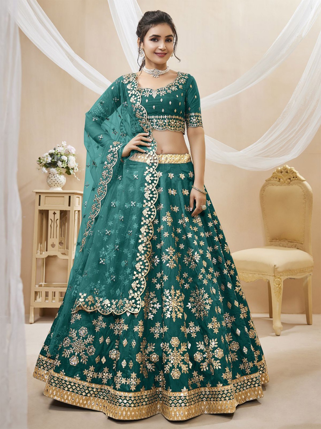 

ODETTE Embroidered Semi-Stitched Lehenga & Unstitched Blouse With Dupatta, Green