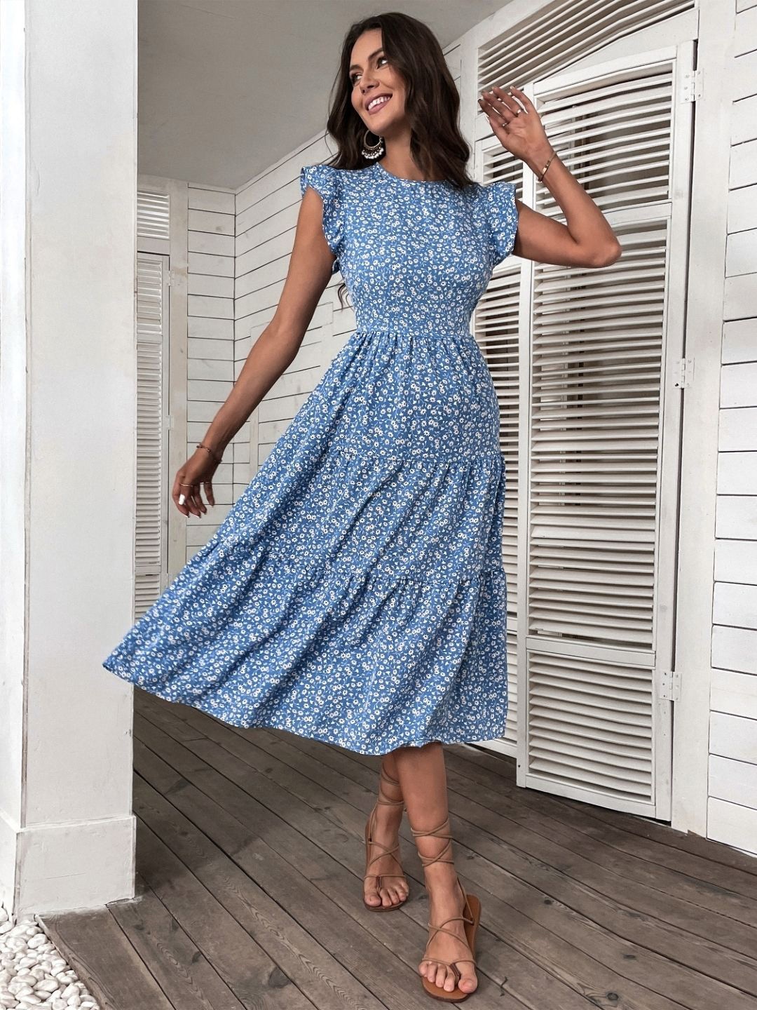

KPOP Women Floral Printed A-Line Midi Dress, Blue