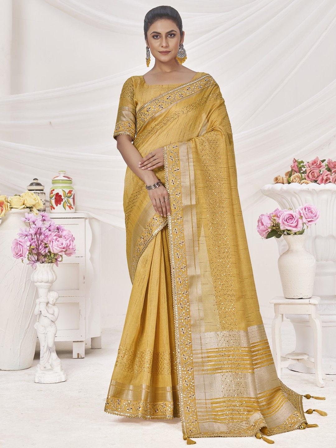 

Mitera Embellished Embroidered Saree, Yellow