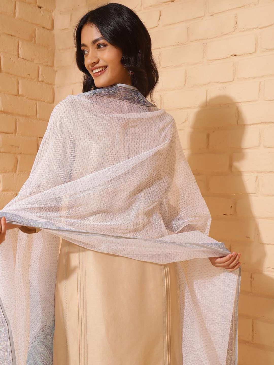 

Fabindia Ethnic Motifs Printed Cotton Silk Dupatta, White