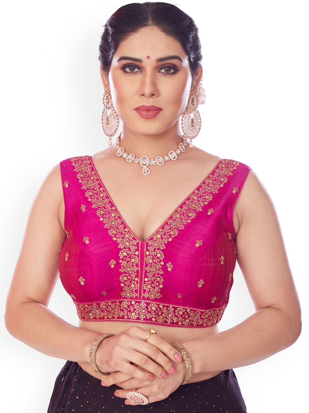 

Mmore Embroidered Padded V Neck Saree Blouse, Magenta