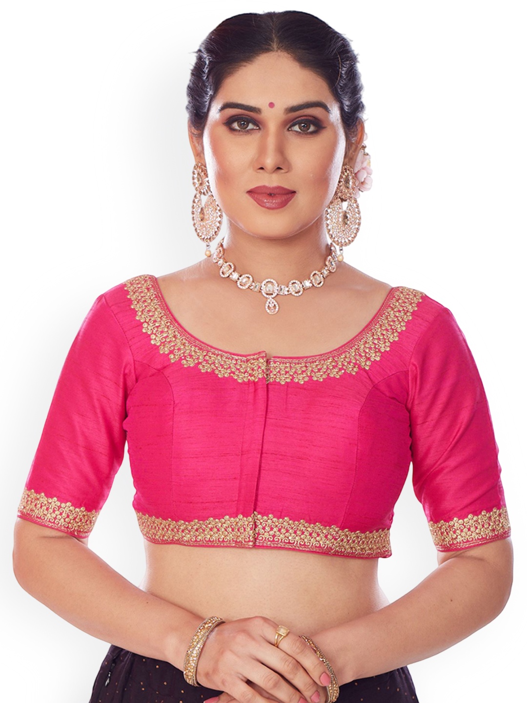 

Mmore Embroidered Padded Saree Blouse, Pink
