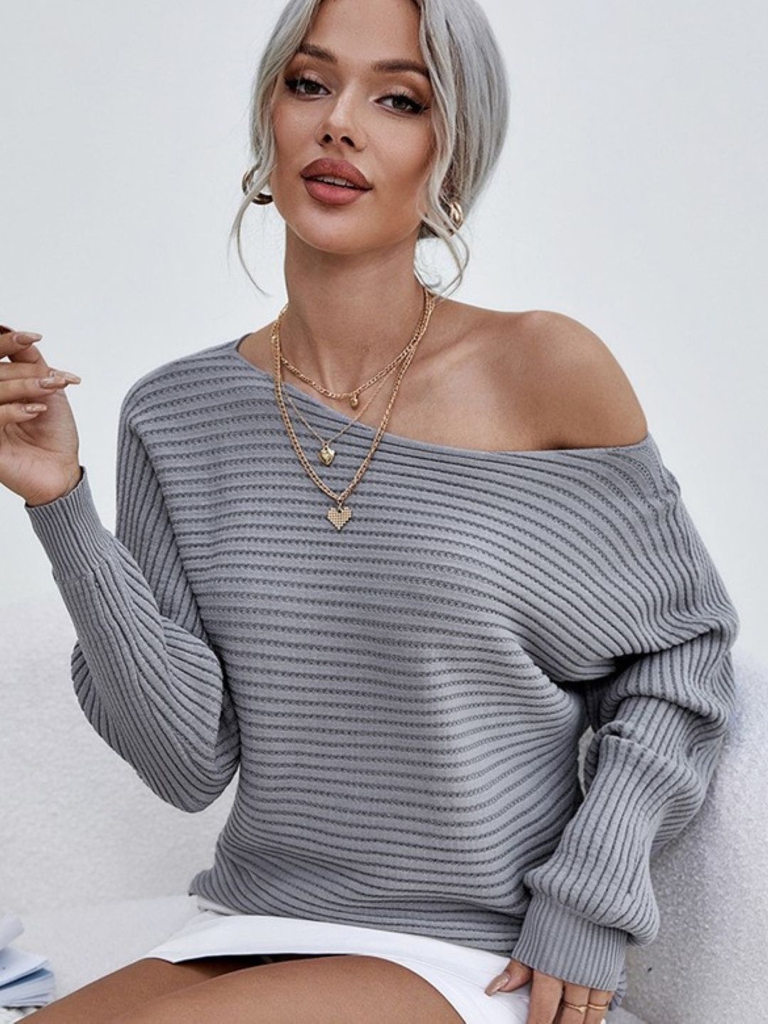 

KPOP Women Self Design One Shoulder Acrylic Top, Grey