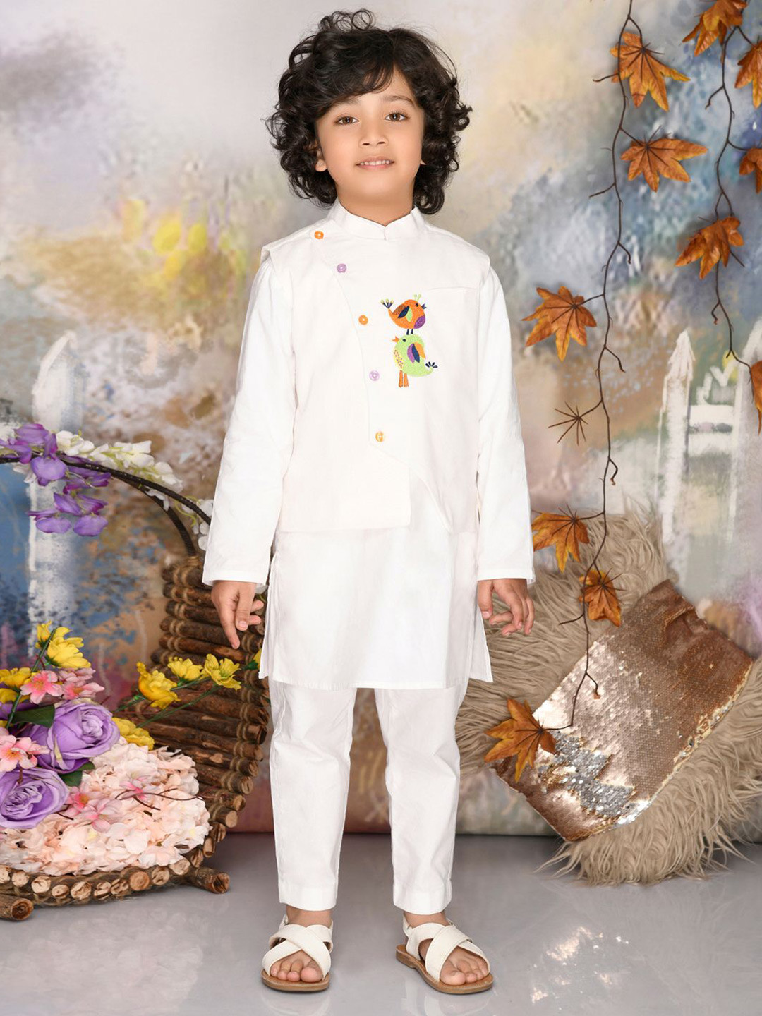 

MUDKID Boys Pure Cotton Kurta with Trousers & Jacket, White