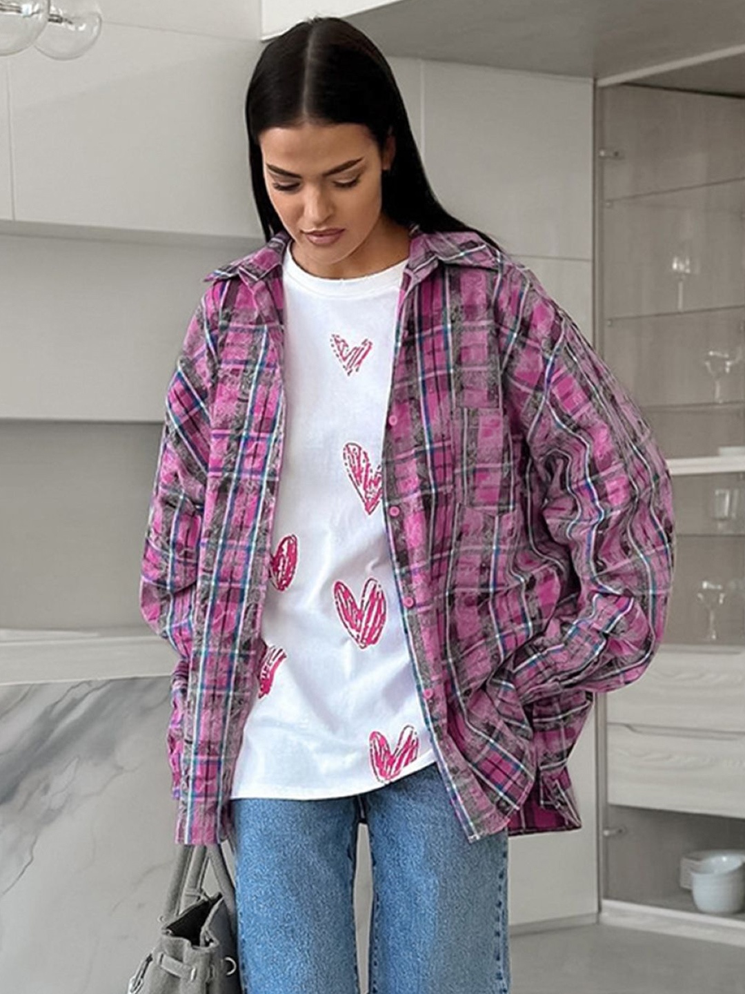 

KPOP Women Comfort Spread Collar Shepherd Checked Cotton Relaxed Fit Casual Shirt, Purple