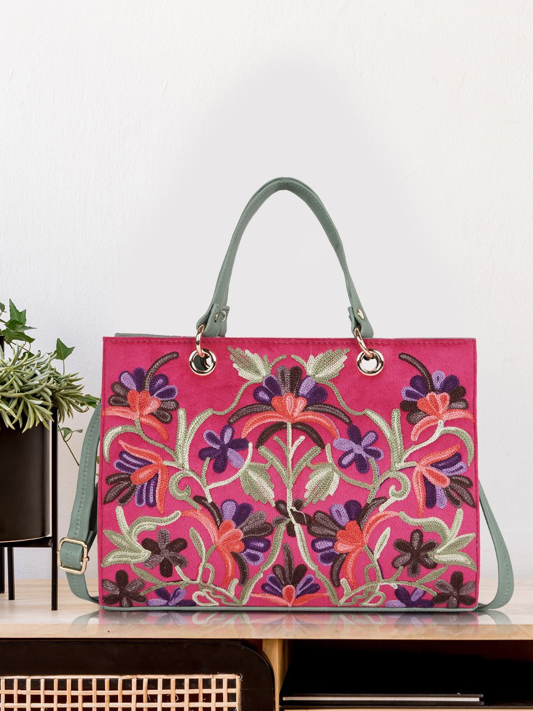 

YOYOWING Floral Colourblocked Structured Satchel with Cut Work, Fuchsia