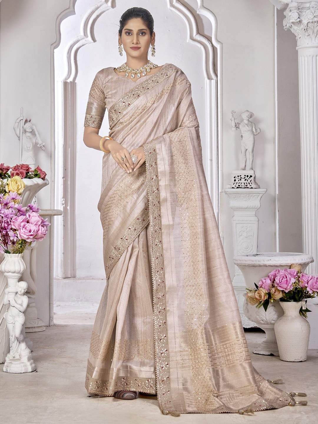 

Mitera Embellished Embroidered Saree, Beige