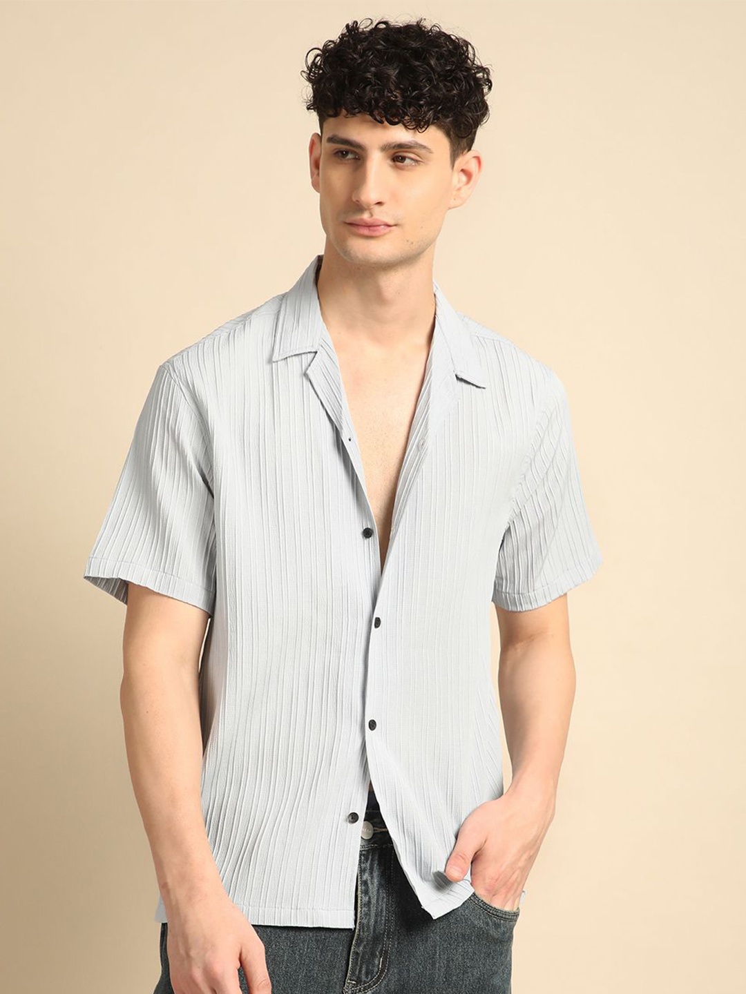 

Voroxy Men Smart Cuban Collar Textured Polycotton Casual Shirt, Grey