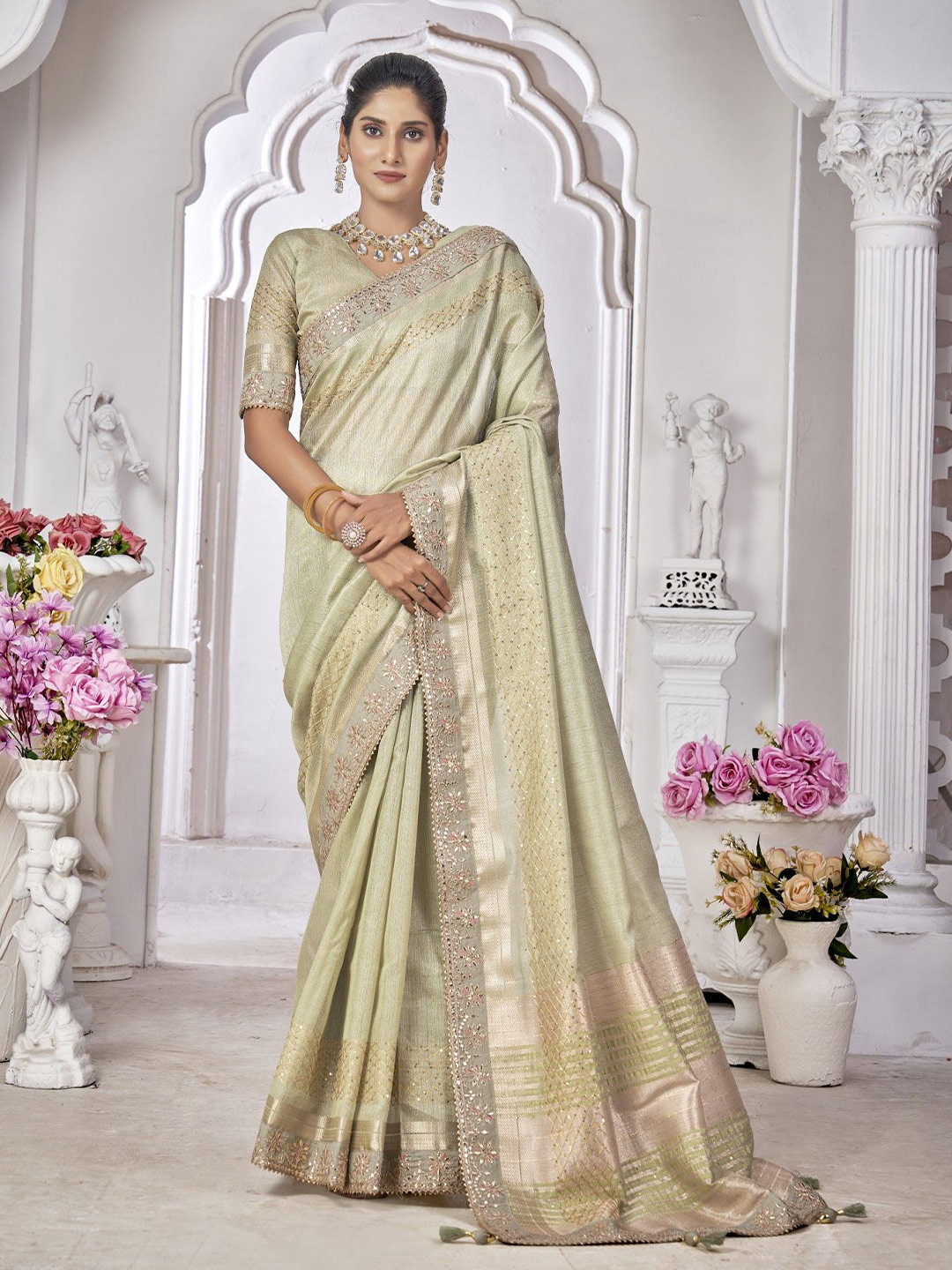 

Mitera Embellished Embroidered Saree, Green