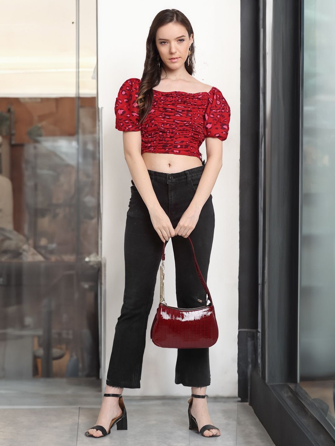 

KPOP Women Floral Printed Square Neck Top, Red