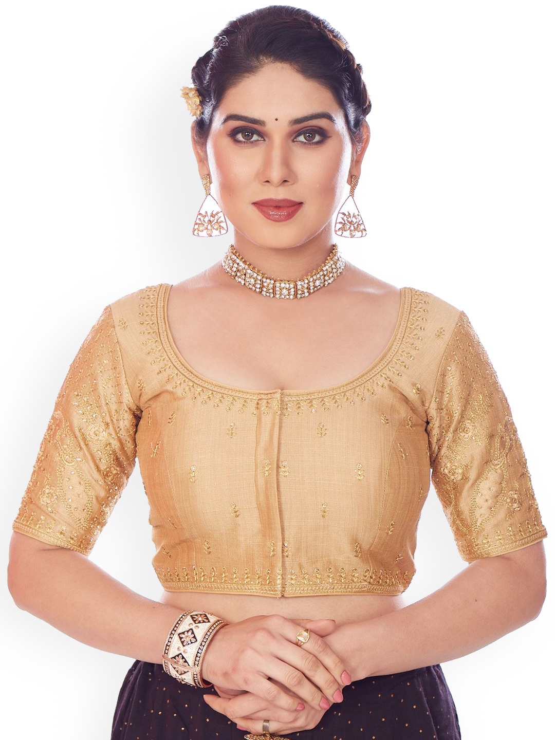 

Mmore Embroidered Padded Short Sleeves Saree Blouse, Gold