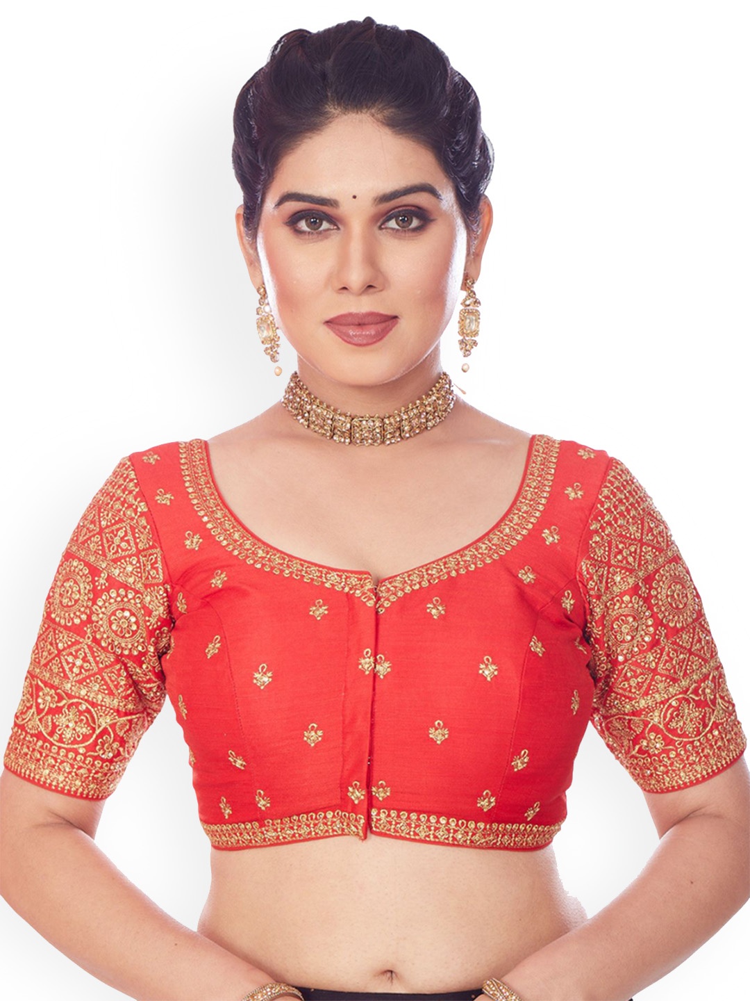 

Mmore Embroidered Round Neck Saree Blouse, Red