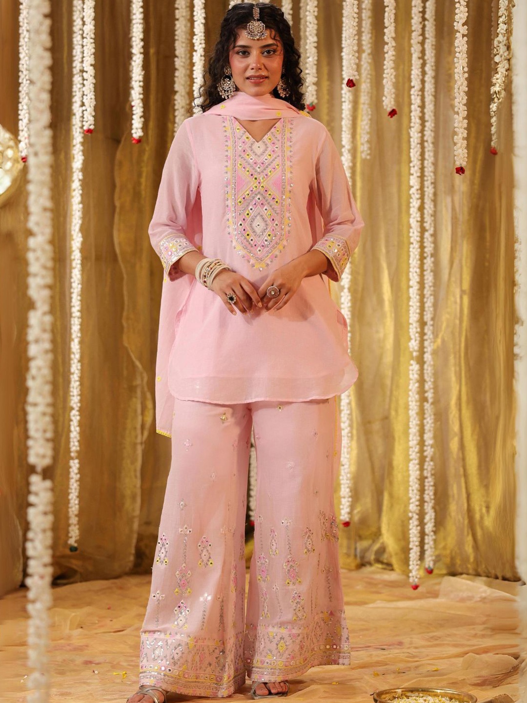 

Zolo Label Women Embroidered Regular Mirror Work Kurta with Palazzos & With Dupatta, Pink