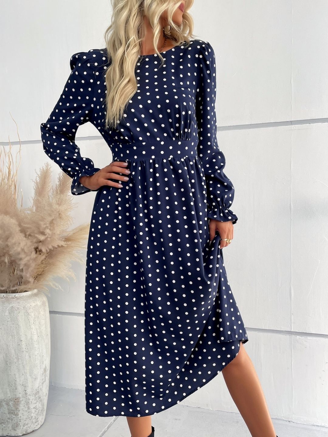 

KPOP Women Polka Dot Printed Puff Sleeve A-Line Midi Dress, Navy blue