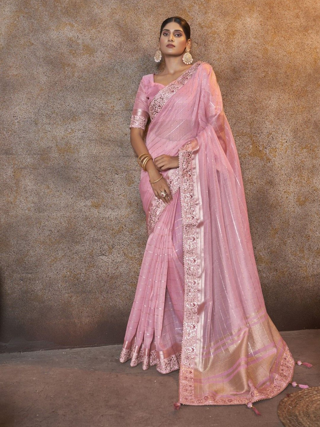 

Mitera Striped Sequinned Linen Saree, Pink