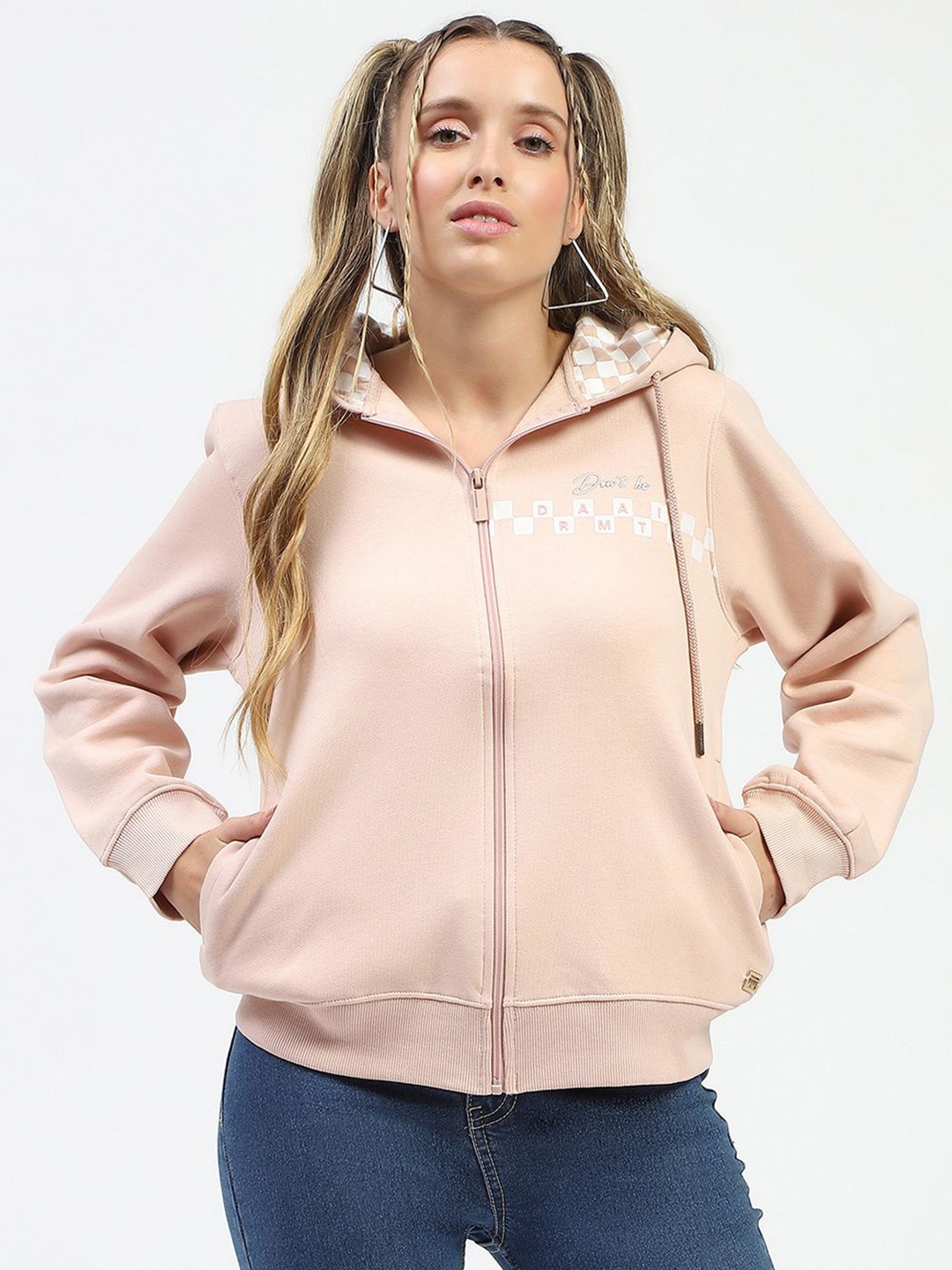 

Madame Women Typography Printed Hood Cotton Front-Open Sweatshirt, Peach