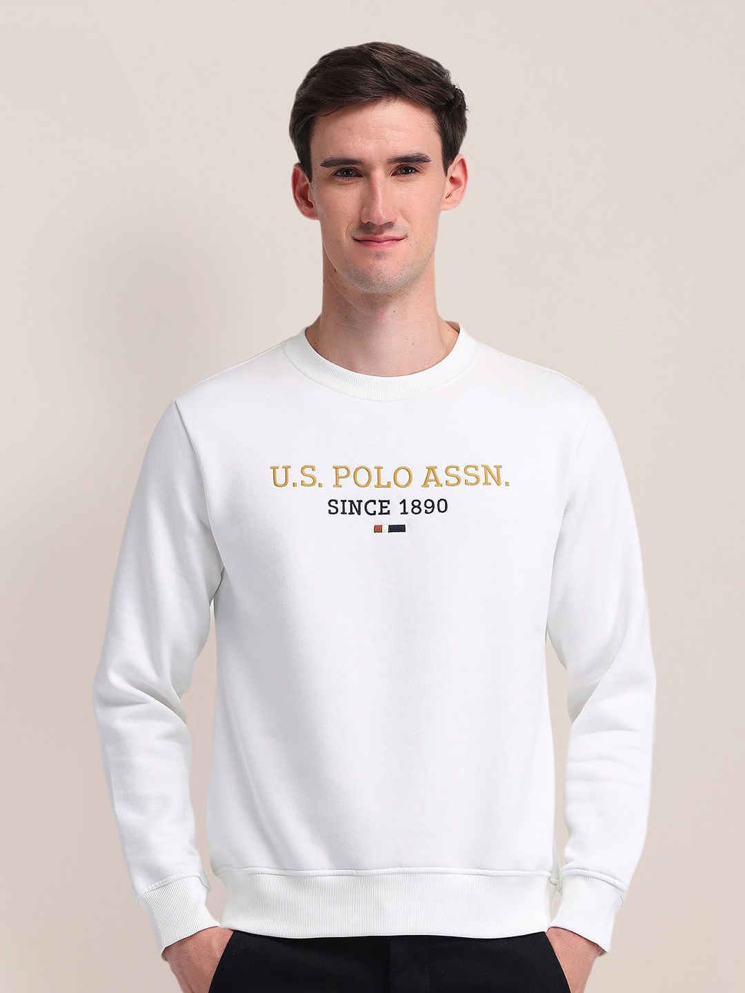 

U.S. Polo Assn. Men Brand Logo Printed Round Neck Cotton Pullover Sweatshirt, White