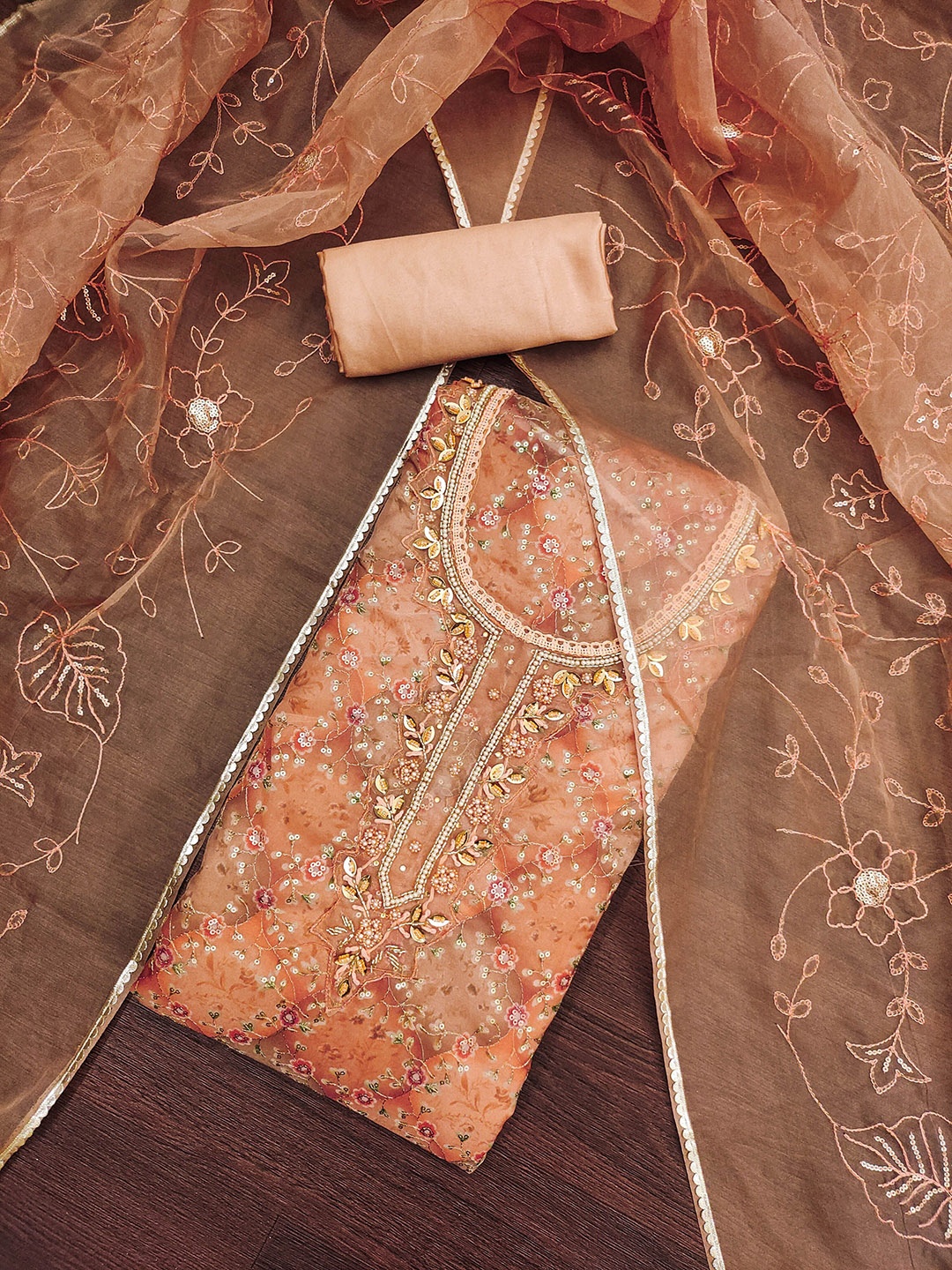 

MANVAA Floral Sequinned Embroidered Organza Unstitched Dress Material, Orange