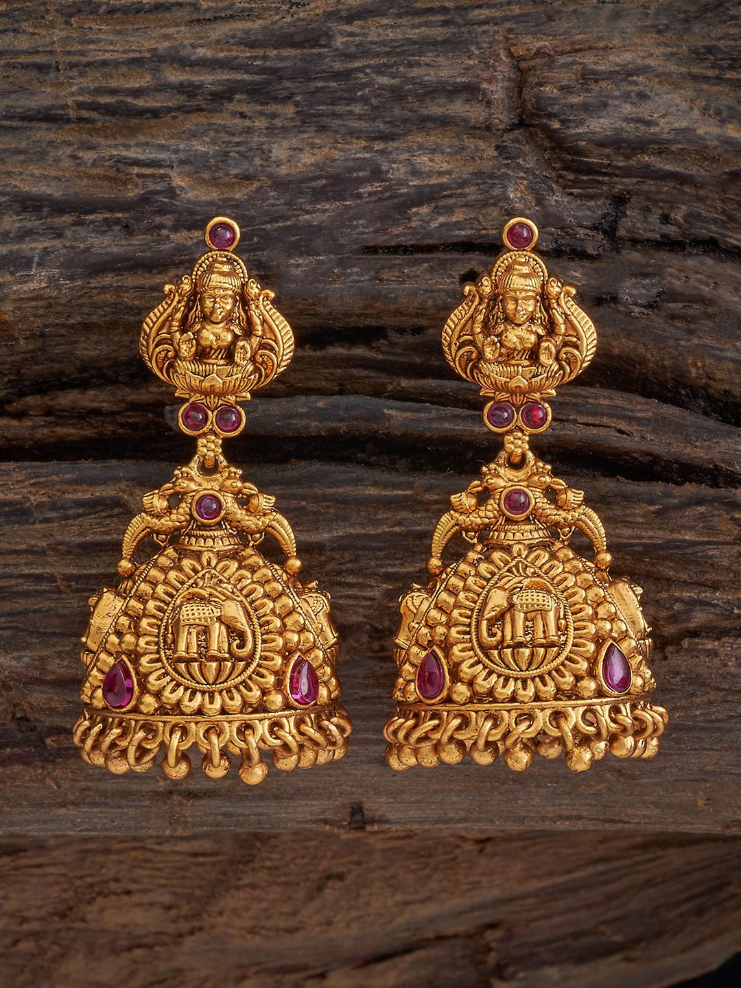 

Kushal's Fashion Jewellery Gold-Plated Stone Studded Classic Antique Jhumkas, Red