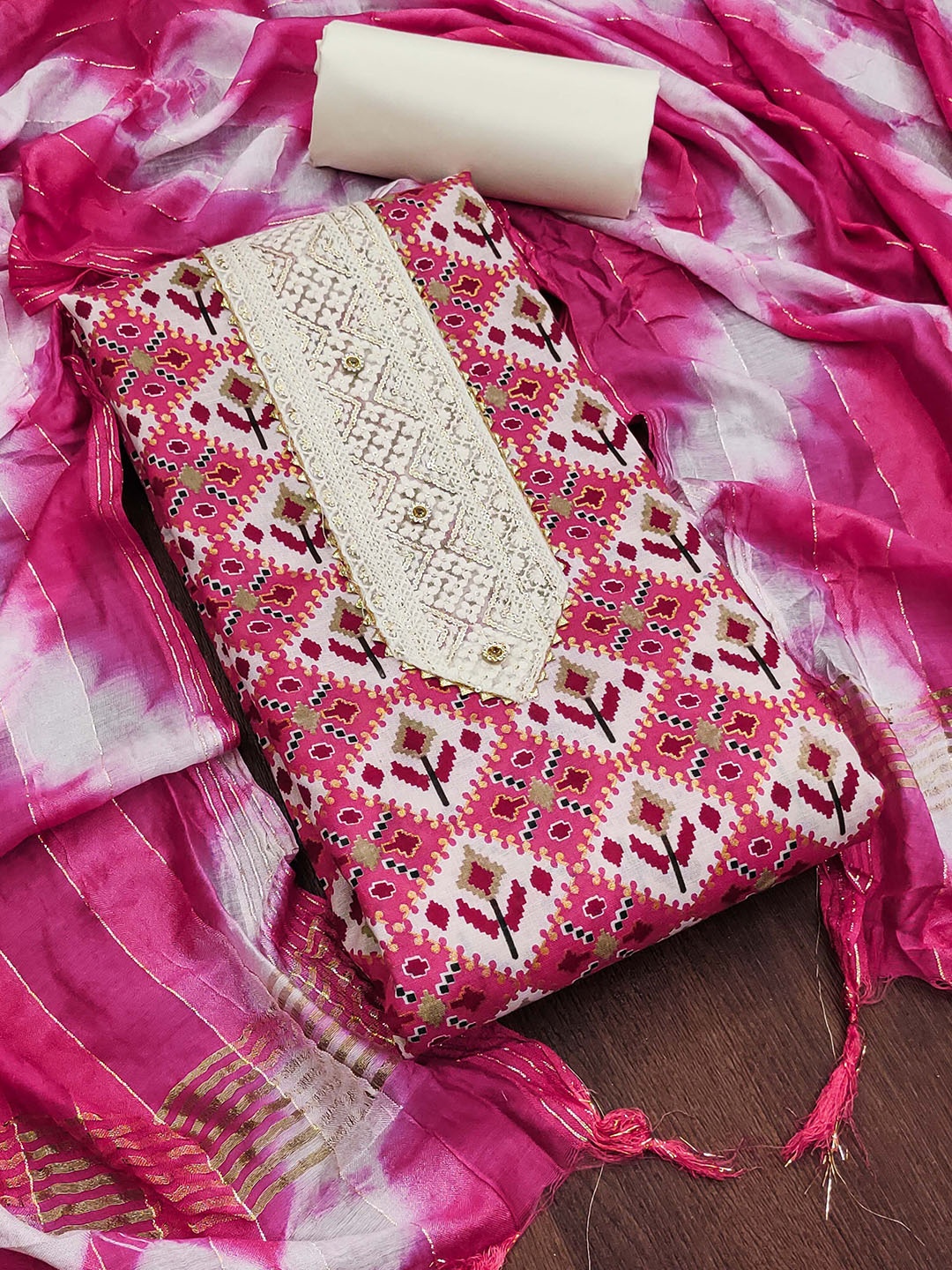 

KALINI Ethnic Motifs Embroidered Pure Cotton Unstitched Dress Material, Pink